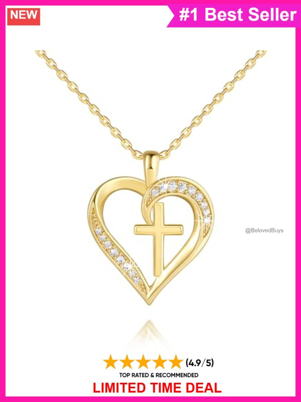 14K Gold Plated Cross Necklace for Women CZ Heart Pendant